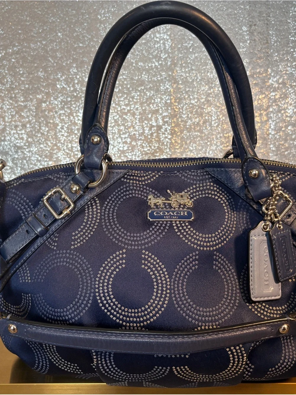 Coach Navy Circle Signature Satchel with Leather Trim